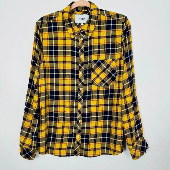 Pistola Revolve Yellow Plaid Button Down Flannel Long Sleeve Top Medium - Picture 2 of 9